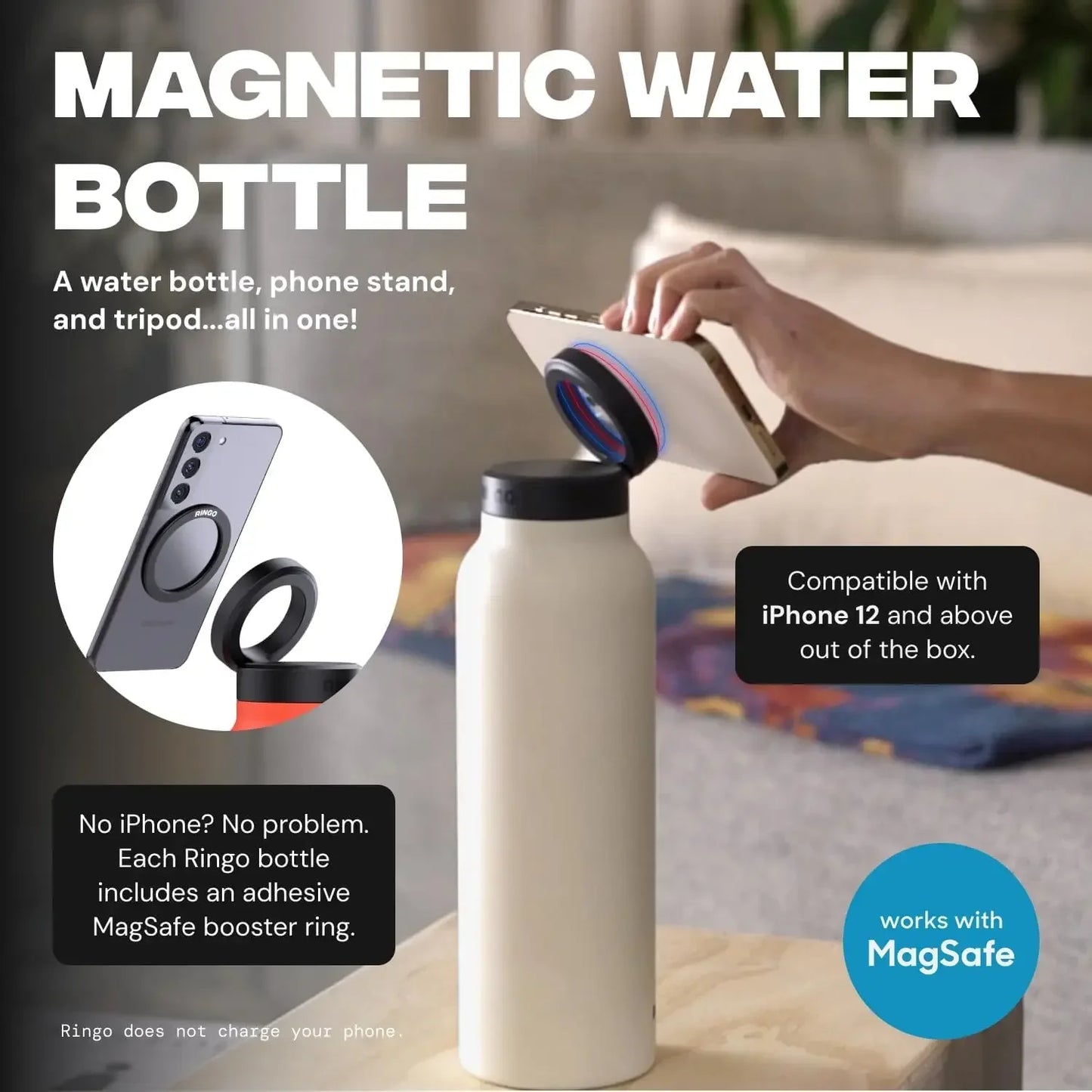 RINGO PRO -Gym Outdoor Activities Water Bottle Magnetic Phone Holder Insulated With Mount Stand For Daily Hydration 710ml